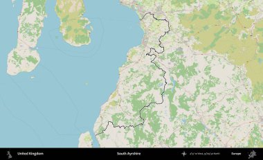 Güney Ayrshire. Bir OpenStreetMap Alman stil haritasında Birleşik Krallık 'ın özetlenmiş idari alanı