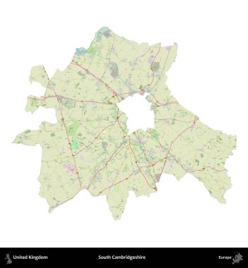 Güney Cambridgeshire. Birleşik Krallık 'ın idari alanı bir OpenStreetMap Alman stili haritasında beyazda izole edildi