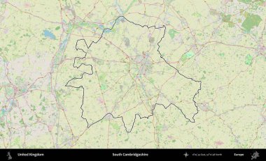 Güney Cambridgeshire. Bir OpenStreetMap Alman stil haritasında Birleşik Krallık 'ın özetlenmiş idari alanı