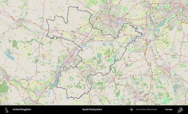 Güney Derbyshire. Bir OpenStreetMap Alman stil haritasında Birleşik Krallık 'ın özetlenmiş idari alanı