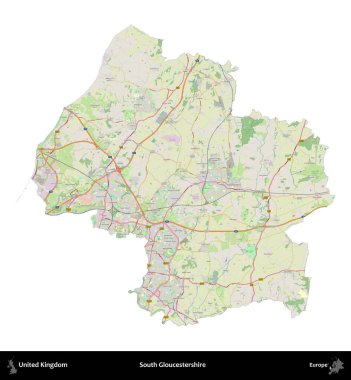 Güney Gloucestershire. Birleşik Krallık 'ın idari alanı bir OpenStreetMap Alman stili haritasında beyazda izole edildi