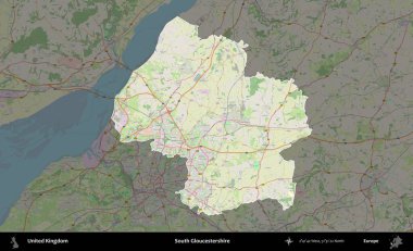 Güney Gloucestershire. Birleşik Krallık 'ın idari alanı karartılmış bir OpenStreetMap tarzı Alman haritasına vurgulanmış ve özetlenmiştir
