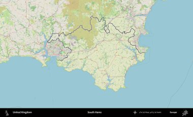South Hams 'da. Bir OpenStreetMap Alman stil haritasında Birleşik Krallık 'ın özetlenmiş idari alanı