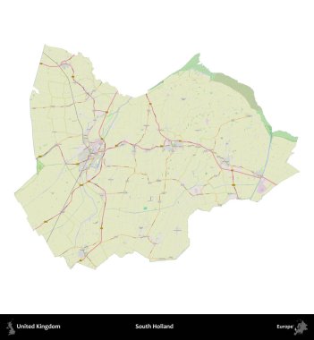 Güney Hollanda. Birleşik Krallık 'ın idari alanı bir OpenStreetMap Alman stili haritasında beyazda izole edildi