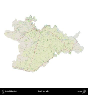 Güney Norfolk. Birleşik Krallık 'ın idari alanı bir OpenStreetMap Alman stili haritasında beyazda izole edildi