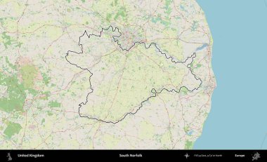 Güney Norfolk. Bir OpenStreetMap Alman stil haritasında Birleşik Krallık 'ın özetlenmiş idari alanı
