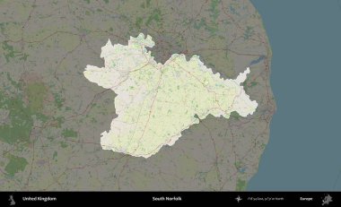 Güney Norfolk. Birleşik Krallık 'ın idari alanı karartılmış bir OpenStreetMap tarzı Alman haritasına vurgulanmış ve özetlenmiştir