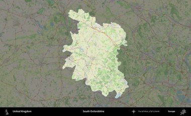 Güney Oxfordshire. Birleşik Krallık 'ın idari alanı karartılmış bir OpenStreetMap tarzı Alman haritasına vurgulanmış ve özetlenmiştir