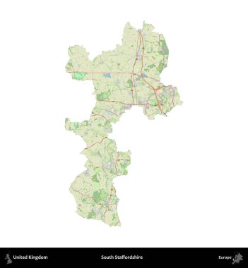 Güney Staffordshire. Birleşik Krallık 'ın idari alanı bir OpenStreetMap Alman stili haritasında beyazda izole edildi