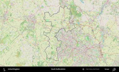 Güney Staffordshire. Bir OpenStreetMap Alman stil haritasında Birleşik Krallık 'ın özetlenmiş idari alanı