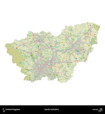 Güney Yorkshire. Birleşik Krallık 'ın idari alanı bir OpenStreetMap Alman stili haritasında beyazda izole edildi