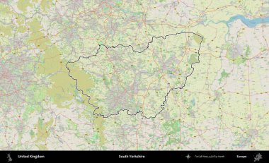 Güney Yorkshire. Bir OpenStreetMap Alman stil haritasında Birleşik Krallık 'ın özetlenmiş idari alanı