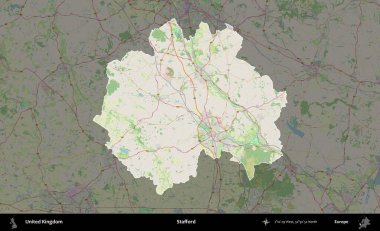 Stafford. Birleşik Krallık 'ın idari alanı karartılmış bir OpenStreetMap tarzı Alman haritasına vurgulanmış ve özetlenmiştir