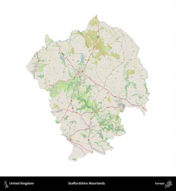 Staffordshire bozkırları. Birleşik Krallık 'ın idari alanı bir OpenStreetMap Alman stili haritasında beyazda izole edildi