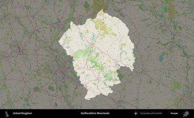 Staffordshire bozkırları. Birleşik Krallık 'ın idari alanı karartılmış bir OpenStreetMap tarzı Alman haritasına vurgulanmış ve özetlenmiştir