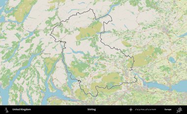 Stirling. Bir OpenStreetMap Alman stil haritasında Birleşik Krallık 'ın özetlenmiş idari alanı