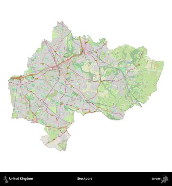 - Stockport. Birleşik Krallık 'ın idari alanı bir OpenStreetMap Alman stili haritasında beyazda izole edildi