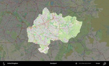 - Stockport. Birleşik Krallık 'ın idari alanı karartılmış bir OpenStreetMap tarzı Alman haritasına vurgulanmış ve özetlenmiştir