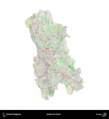 Stoke-on-Trent. Birleşik Krallık 'ın idari alanı bir OpenStreetMap Alman stili haritasında beyazda izole edildi