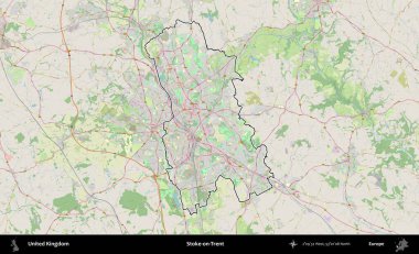 Stoke-on-Trent. Bir OpenStreetMap Alman stil haritasında Birleşik Krallık 'ın özetlenmiş idari alanı