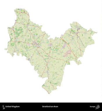 Stratford-on-Avon. Birleşik Krallık 'ın idari alanı bir OpenStreetMap Alman stili haritasında beyazda izole edildi