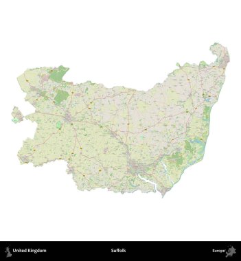 Suffolk. Birleşik Krallık 'ın idari alanı bir OpenStreetMap Alman stili haritasında beyazda izole edildi