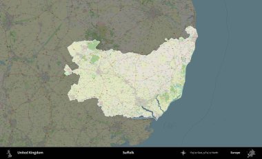 Suffolk. Birleşik Krallık 'ın idari alanı karartılmış bir OpenStreetMap tarzı Alman haritasına vurgulanmış ve özetlenmiştir