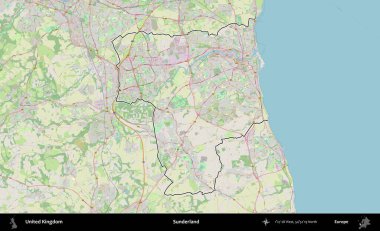 Sunderland 'de. Bir OpenStreetMap Alman stil haritasında Birleşik Krallık 'ın özetlenmiş idari alanı