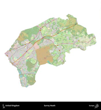 Surrey Heath. Birleşik Krallık 'ın idari alanı bir OpenStreetMap Alman stili haritasında beyazda izole edildi