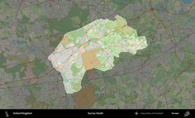 Surrey Heath. Birleşik Krallık 'ın idari alanı karartılmış bir OpenStreetMap tarzı Alman haritasına vurgulanmış ve özetlenmiştir