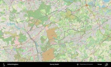 Surrey Heath. Bir OpenStreetMap Alman stil haritasında Birleşik Krallık 'ın özetlenmiş idari alanı