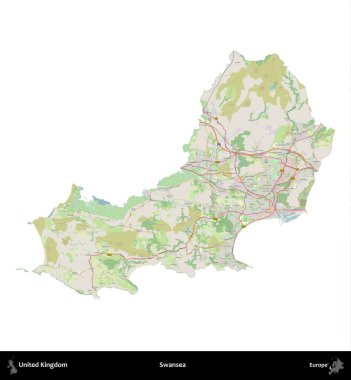 Swansea 'de. Birleşik Krallık 'ın idari alanı bir OpenStreetMap Alman stili haritasında beyazda izole edildi