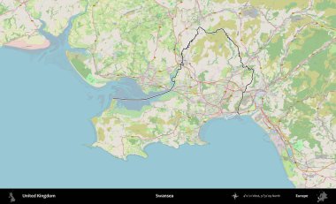 Swansea 'de. Bir OpenStreetMap Alman stil haritasında Birleşik Krallık 'ın özetlenmiş idari alanı