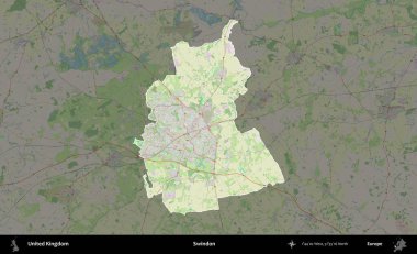 Swindon. Birleşik Krallık 'ın idari alanı karartılmış bir OpenStreetMap tarzı Alman haritasına vurgulanmış ve özetlenmiştir