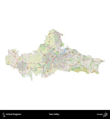 Tees Valley 'de. Birleşik Krallık 'ın idari alanı bir OpenStreetMap Alman stili haritasında beyazda izole edildi