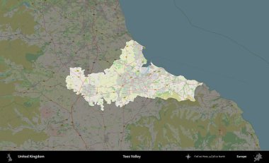 Tees Valley 'de. Birleşik Krallık 'ın idari alanı karartılmış bir OpenStreetMap tarzı Alman haritasına vurgulanmış ve özetlenmiştir
