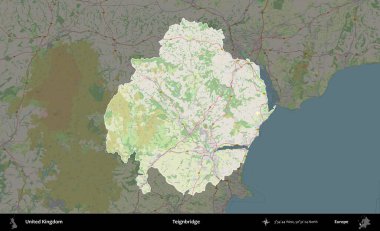 Teignbridge 'de. Birleşik Krallık 'ın idari alanı karartılmış bir OpenStreetMap tarzı Alman haritasına vurgulanmış ve özetlenmiştir