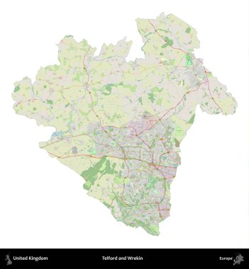 Telford ve Wrekin. Birleşik Krallık 'ın idari alanı bir OpenStreetMap Alman stili haritasında beyazda izole edildi