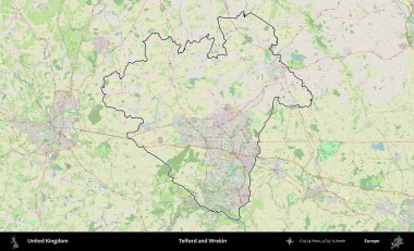 Telford ve Wrekin. Bir OpenStreetMap Alman stil haritasında Birleşik Krallık 'ın özetlenmiş idari alanı