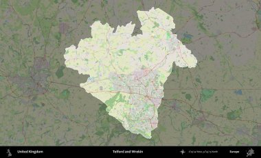 Telford ve Wrekin. Birleşik Krallık 'ın idari alanı karartılmış bir OpenStreetMap tarzı Alman haritasına vurgulanmış ve özetlenmiştir