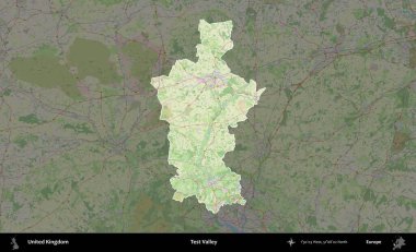 Test vadisi. Birleşik Krallık 'ın idari alanı karartılmış bir OpenStreetMap tarzı Alman haritasına vurgulanmış ve özetlenmiştir