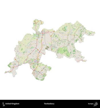 Tewkesbury 'de. Birleşik Krallık 'ın idari alanı bir OpenStreetMap Alman stili haritasında beyazda izole edildi