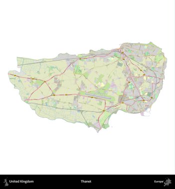 Thanet. Birleşik Krallık 'ın idari alanı bir OpenStreetMap Alman stili haritasında beyazda izole edildi