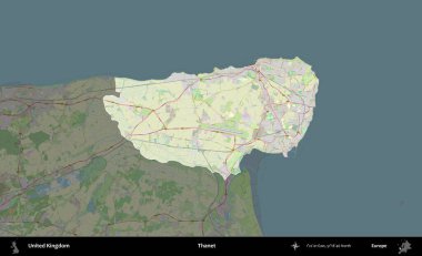 Thanet. Birleşik Krallık 'ın idari alanı karartılmış bir OpenStreetMap tarzı Alman haritasına vurgulanmış ve özetlenmiştir