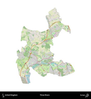Üç Nehir. Birleşik Krallık 'ın idari alanı bir OpenStreetMap Alman stili haritasında beyazda izole edildi