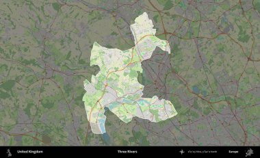 Üç Nehir. Birleşik Krallık 'ın idari alanı karartılmış bir OpenStreetMap tarzı Alman haritasına vurgulanmış ve özetlenmiştir