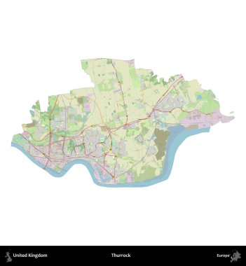 Thurrock. Birleşik Krallık 'ın idari alanı bir OpenStreetMap Alman stili haritasında beyazda izole edildi