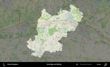 Tonbridge ve Malling. Birleşik Krallık 'ın idari alanı karartılmış bir OpenStreetMap tarzı Alman haritasına vurgulanmış ve özetlenmiştir