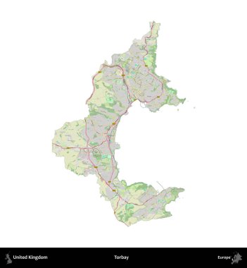 Torbay. Birleşik Krallık 'ın idari alanı bir OpenStreetMap Alman stili haritasında beyazda izole edildi