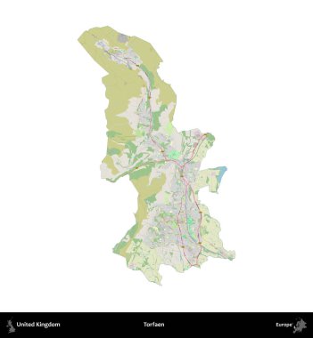 Torfaen. Birleşik Krallık 'ın idari alanı bir OpenStreetMap Alman stili haritasında beyazda izole edildi